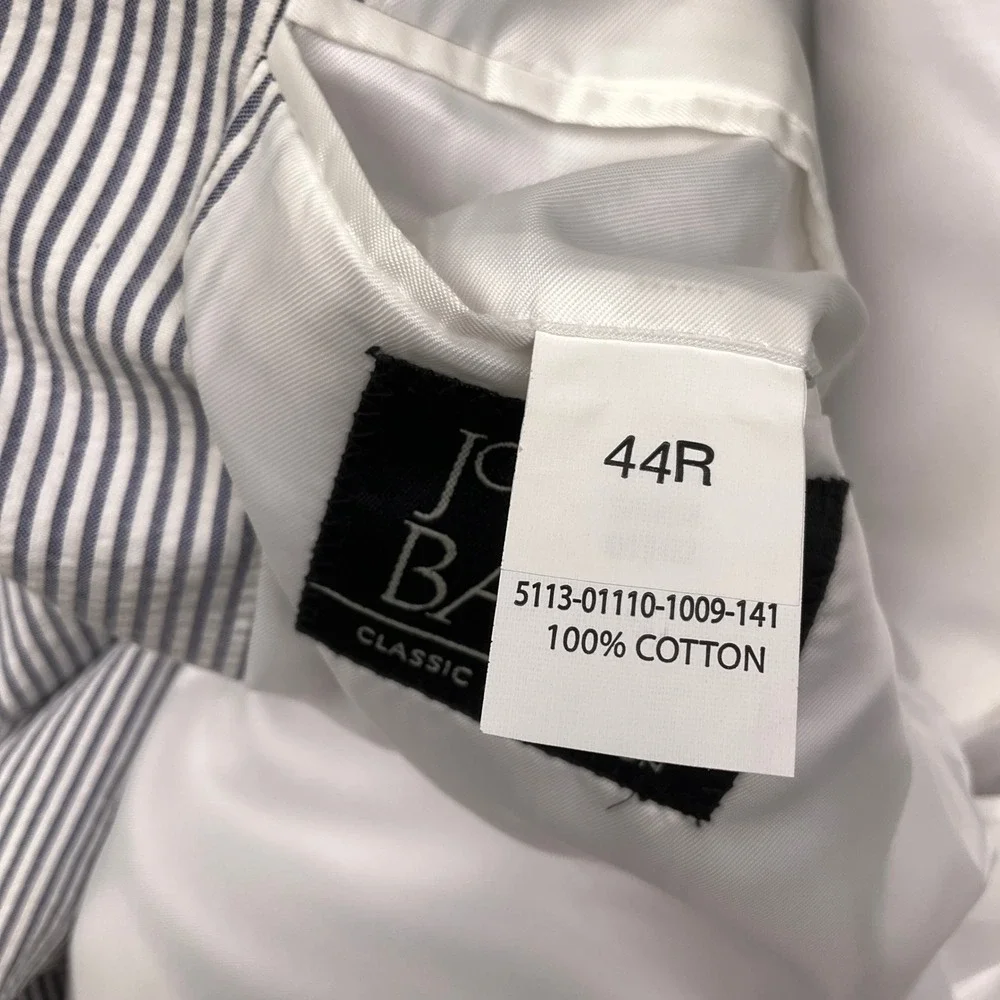 Jos A Bank Suit Mens 44R Blue White Seersucker 2-Pc Cotton